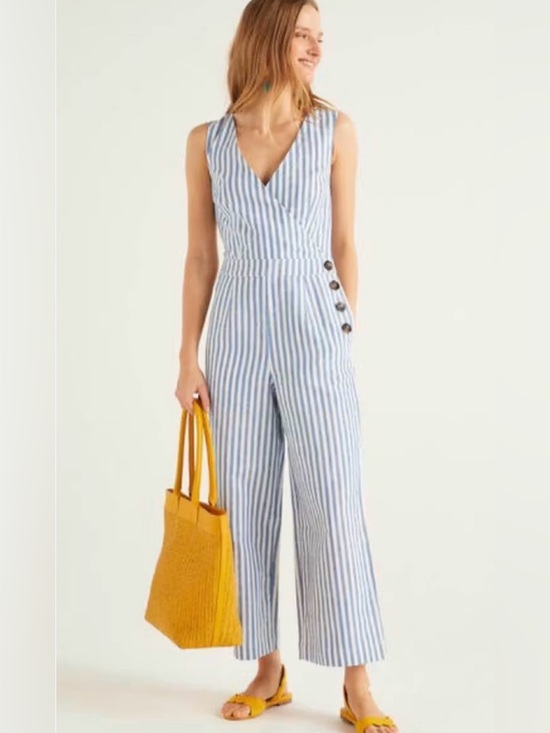 Boden Pants - Boden Blue White Stripe Linen Blend Culotte Jumpsuit Petite 4 Coastal Chic
